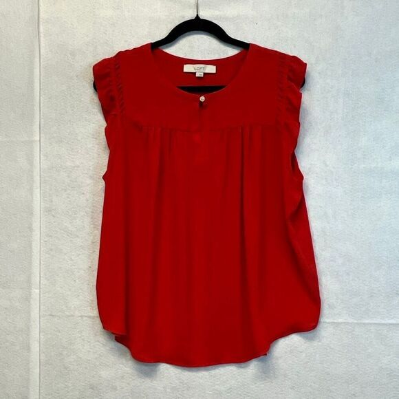 LOFT Women’s Sleeveless Blouse Large Red Ruffle Trim Keyhole Neck Flowy Top - Picture 2 of 13
